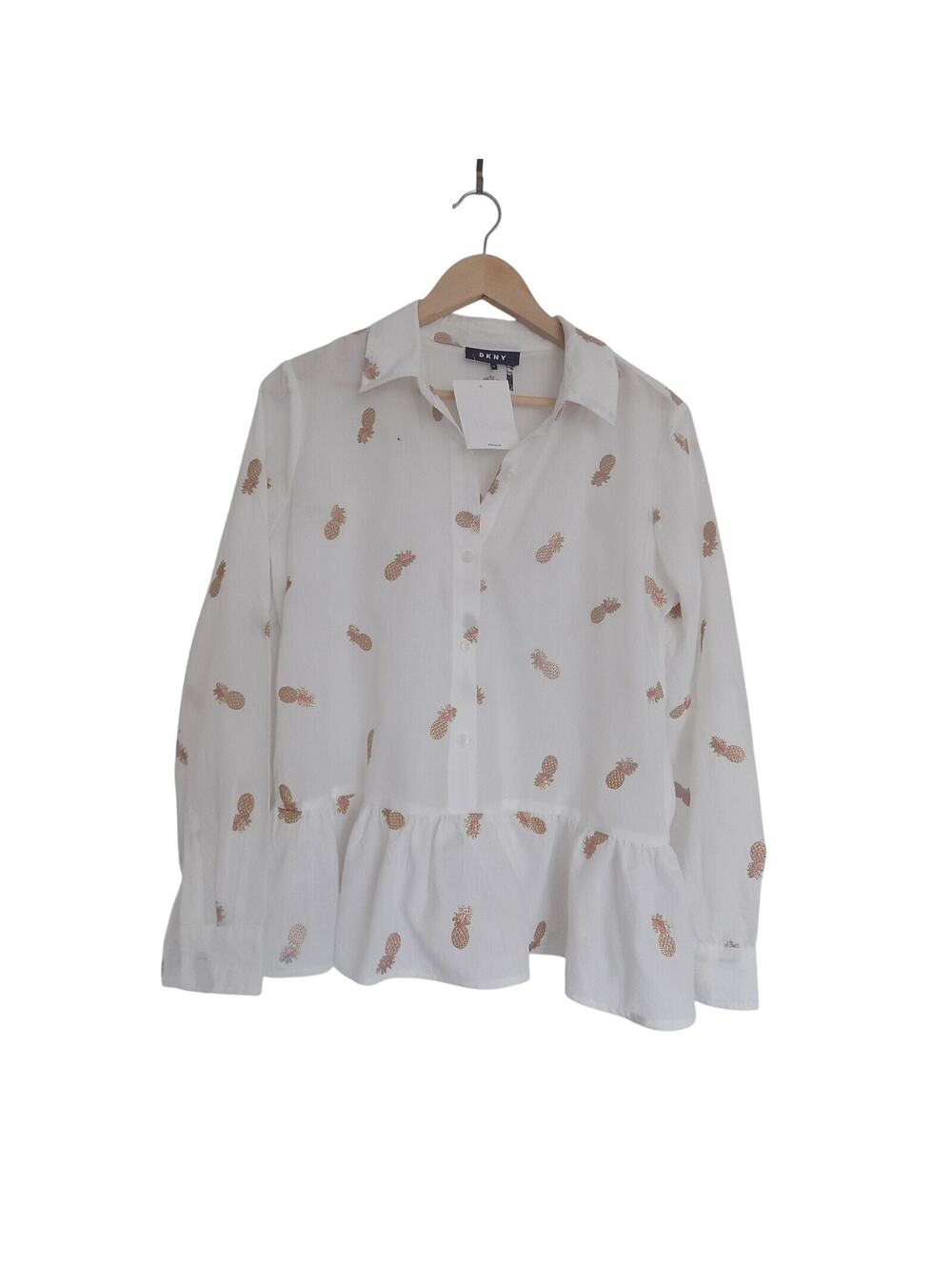 DKNY peplum blouse long sleeve embroidered pineapples size Small NEW